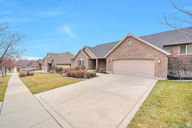893 N 400 E, Springville, UT 84663 - ranch-style home with brick siding, a front yard, an attached garage, concrete driveway, and roof with shingles
