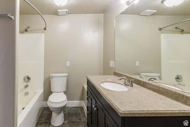 full bathroom featuring tile patterned flooring, a textured ceiling, toilet, vanity, and shower / bathtub combination