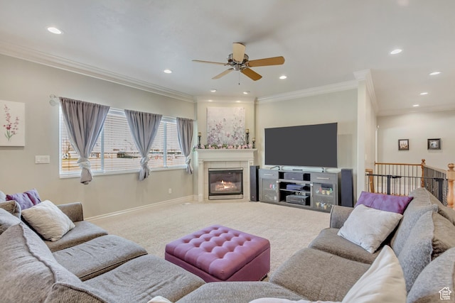 563 W Kalia Cv, Murray, UT 84123 - carpeted living room featuring a fireplace, ceiling fan, and ornamental molding
