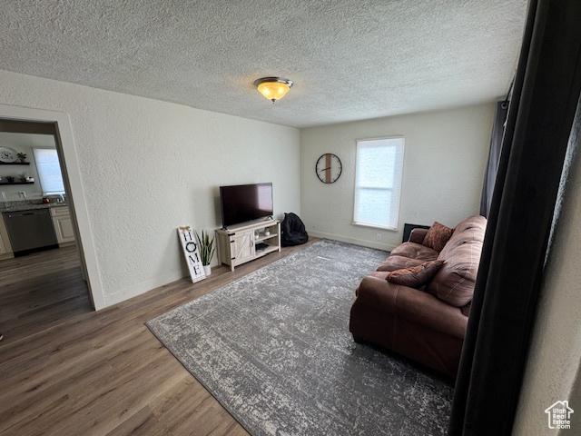 living room featuring dark hardwood / wood-style flooring and a textured ceiling
