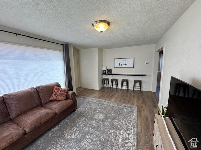 living room featuring dark wood-type flooring and a textured ceiling