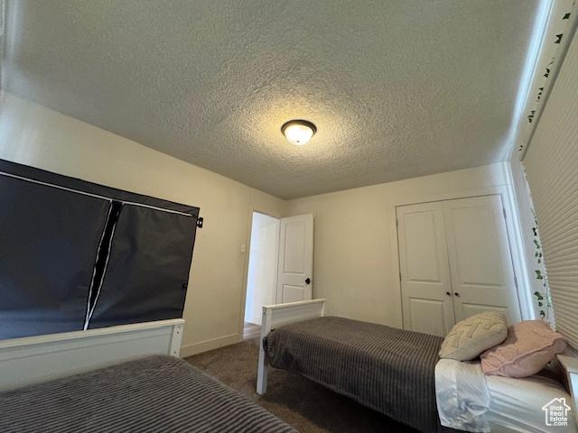 bedroom featuring a closet, carpet, and a textured ceiling
