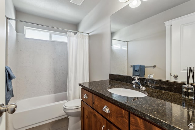 full bathroom with toilet, visible vents, shower / bath combination with curtain, and vanity