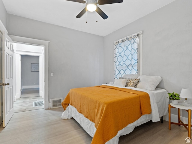 bedroom featuring ceiling fan and light wood-type flooring