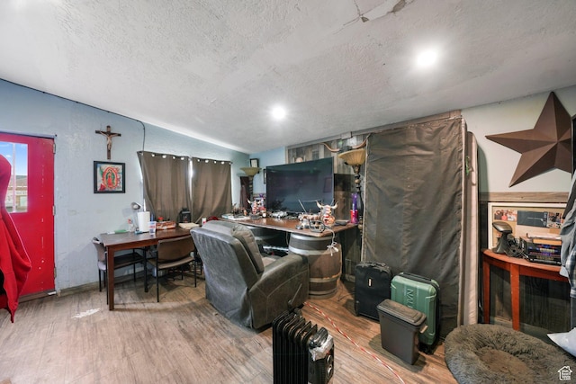 513 W Lake St, Ogden, UT 84401 - home office featuring hardwood / wood-style floors, lofted ceiling, and a textured ceiling