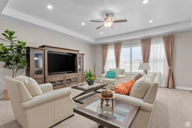 649 E 5650 S, Washington Terrace, UT 84405 - living room with carpet, a raised ceiling, and ceiling fan