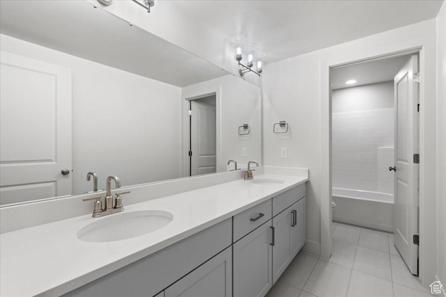bathroom featuring shower / bathing tub combination, vanity, and a notable chandelier