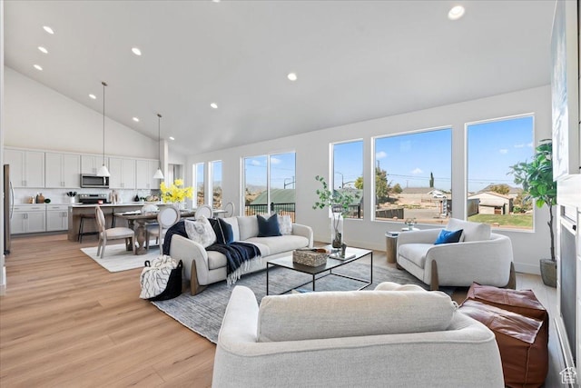 living room with a fireplace, light hardwood / wood-style flooring, high vaulted ceiling, and plenty of natural light