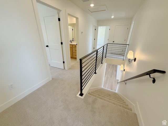3241 S Red Wolf Dr, Saratoga Springs, UT 84045 - stairway featuring carpet, baseboards, and recessed lighting