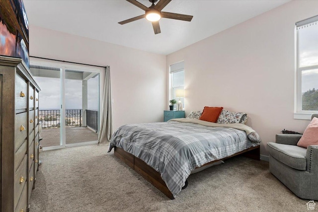 13802 S Mount Shaggy Dr, Herriman, UT 84096 - bedroom featuring access to outside, ceiling fan, and light colored carpet