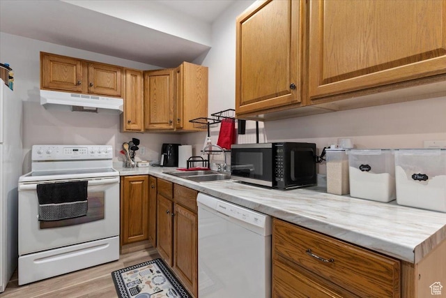 13802 S Mount Shaggy Dr, Herriman, UT 84096 - kitchen featuring light hardwood / wood-style floors, light stone countertops, white appliances, and sink