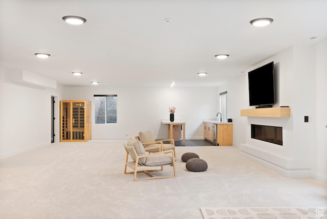 living room with light carpet and sink