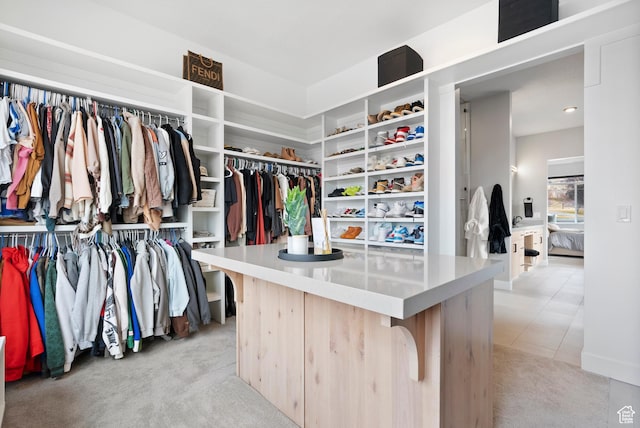 spacious closet featuring light colored carpet