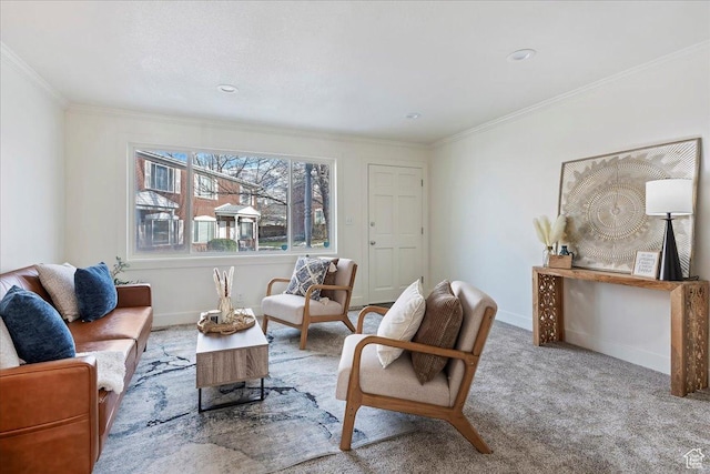 sitting room with crown molding and light carpet