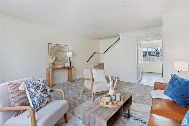 living room with light carpet and ornamental molding