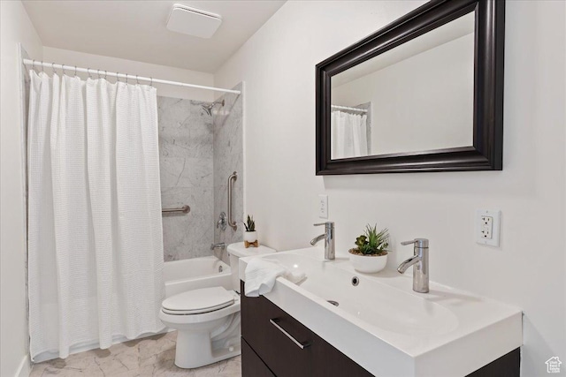 full bathroom featuring vanity, toilet, and shower / bathtub combination with curtain
