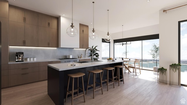 2114 S Pinto St Unit 76, Washington, UT 84780 - kitchen featuring light hardwood / wood-style flooring, backsplash, an island with sink, pendant lighting, and a water view