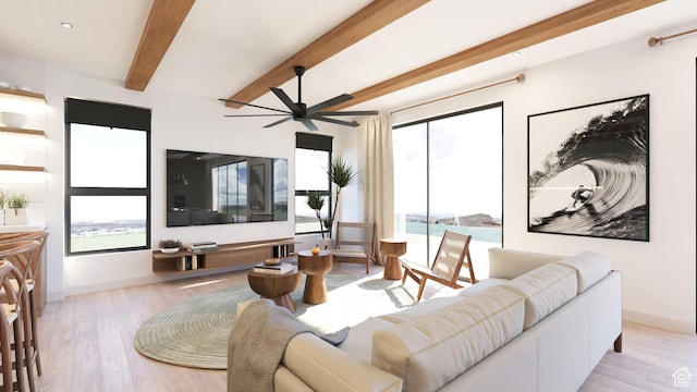 2114 S Pinto St Unit 76, Washington, UT 84780 - living room with beamed ceiling, light hardwood / wood-style flooring, and ceiling fan