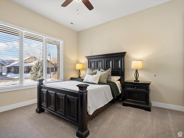 bedroom featuring baseboards, light colored carpet, and multiple windows