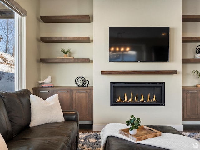 living area with a glass covered fireplace, built in shelves, baseboards, and wood finished floors
