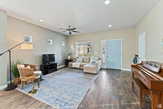 7112 N Mohican Dr E, Eagle Mountain, UT 84005 - living room featuring dark hardwood / wood-style floors and ceiling fan