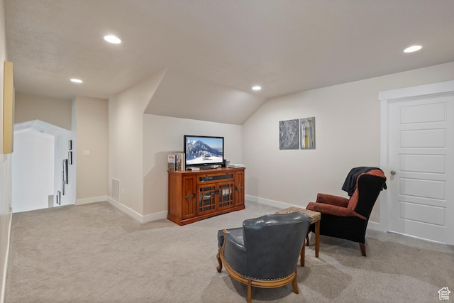 536 W Granite Cir, Saratoga Springs, UT 84045 - sitting room featuring carpet flooring, recessed lighting, baseboards, lofted ceiling, and visible vents