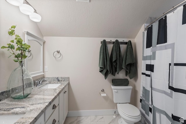 536 W Granite Cir, Saratoga Springs, UT 84045 - bathroom featuring a sink, baseboards, toilet, marble finish floor, and lofted ceiling