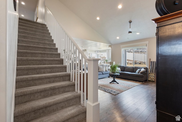 536 W Granite Cir, Saratoga Springs, UT 84045 - staircase featuring recessed lighting, a ceiling fan, hardwood / wood-style flooring, and lofted ceiling