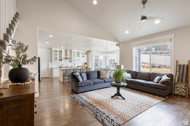 536 W Granite Cir, Saratoga Springs, UT 84045 - living area with recessed lighting, high vaulted ceiling, a ceiling fan, and dark wood-style floors