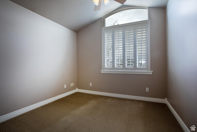 2783 S Irene Dr E, Bountiful, UT 84010 - unfurnished room featuring baseboards, dark carpet, ceiling fan, and vaulted ceiling