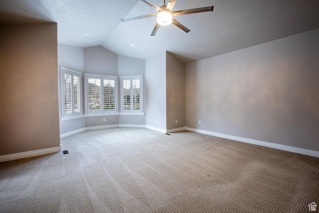 2783 S Irene Dr E, Bountiful, UT 84010 - empty room featuring baseboards, vaulted ceiling, a ceiling fan, and light colored carpet