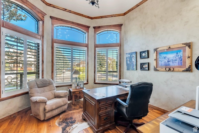 office area featuring light hardwood / wood-style flooring, a high ceiling, and ornamental molding
