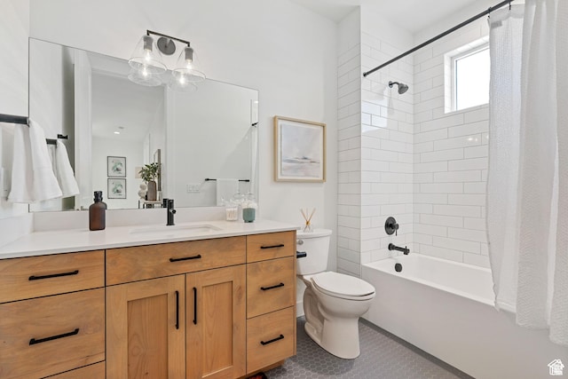 full bathroom with toilet, vanity, tile patterned floors, and shower / bath combo with shower curtain