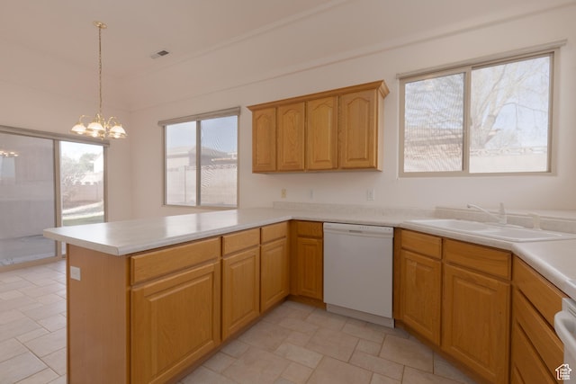 2365 E 160 S, St George, UT 84790 - kitchen featuring pendant lighting, dishwasher, sink, a notable chandelier, and kitchen peninsula