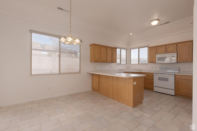 2365 E 160 S, St George, UT 84790 - kitchen featuring pendant lighting, white appliances, crown molding, a notable chandelier, and kitchen peninsula