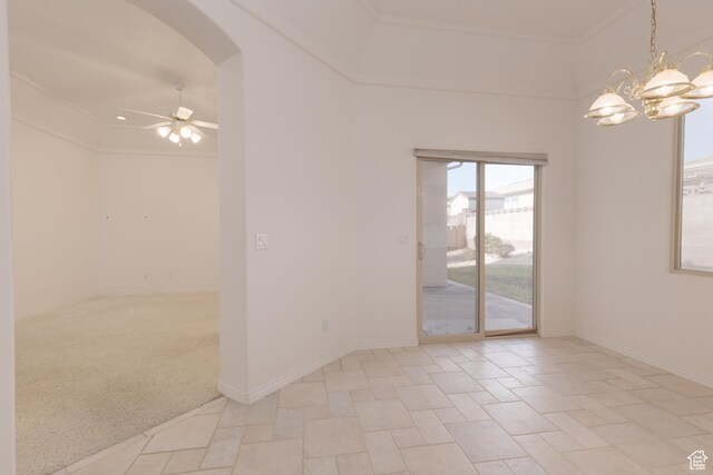2365 E 160 S, St George, UT 84790 - unfurnished room with ceiling fan with notable chandelier, crown molding, and light carpet