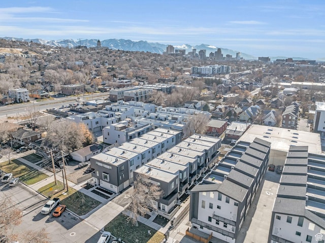 bird's eye view featuring a city view and a mountain view