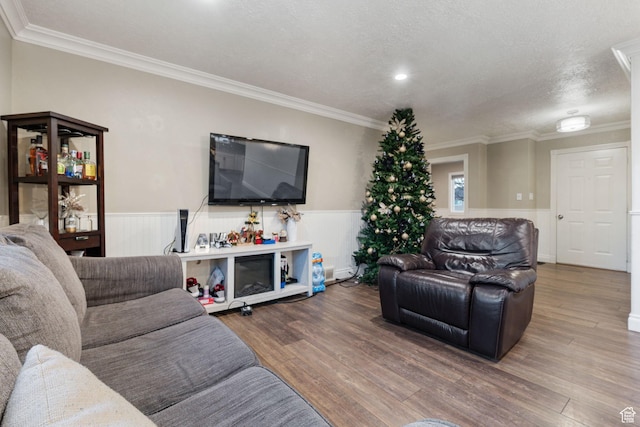 living room featuring hardwood / wood-style flooring, ornamental molding, and a textured ceiling