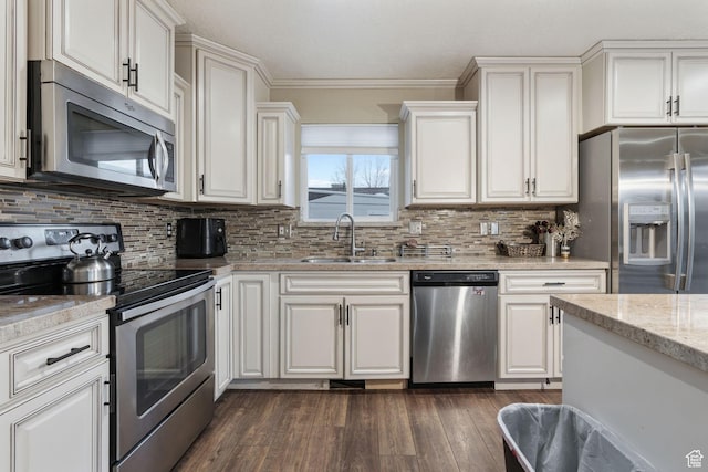 kitchen with decorative backsplash, sink, white cabinets, and stainless steel appliances