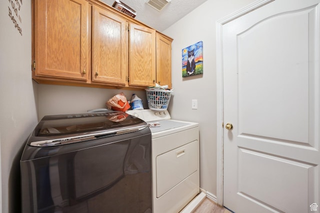 clothes washing area with cabinets and washer and dryer