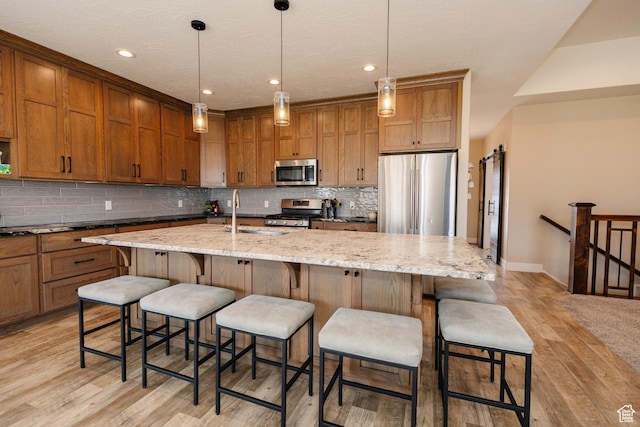 kitchen with sink, light hardwood / wood-style floors, decorative light fixtures, and appliances with stainless steel finishes