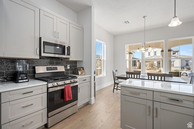 5629 S Adobe Sun Dr, St George, UT 84790 - kitchen with appliances with stainless steel finishes, backsplash, pendant lighting, light hardwood / wood-style flooring, and a chandelier