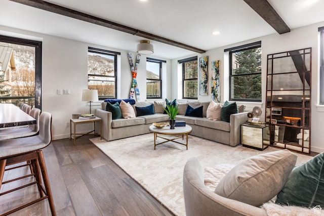 692 Main St Unit D, Park City, UT 84060 - living room with wood-type flooring, a healthy amount of sunlight, and beam ceiling