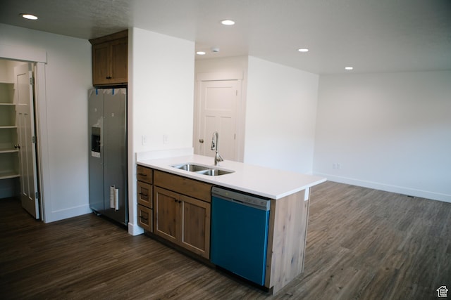 kitchen featuring dishwasher, stainless steel fridge with ice dispenser, dark hardwood / wood-style flooring, and sink