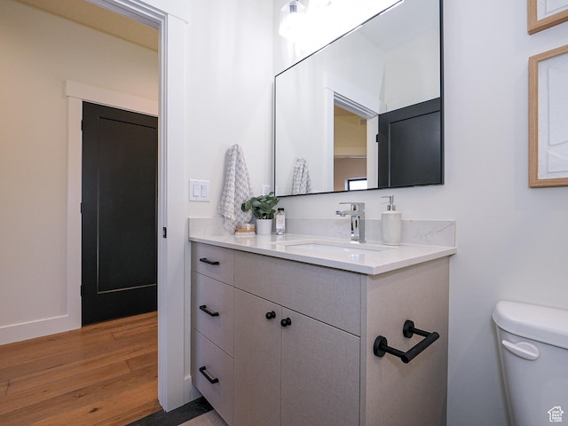 bathroom with vanity, toilet, and wood finished floors