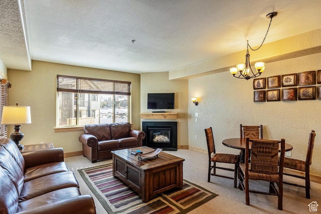 2669 Canyons Resort Dr Unit 308, Park City, UT 84098 - living room with light colored carpet, a textured ceiling, and an inviting chandelier