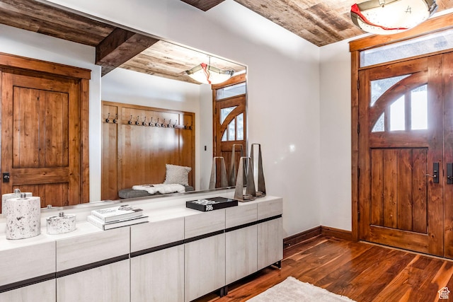26 White Pine Canyon Rd, Park City, UT 84060 - foyer entrance featuring beam ceiling, wood ceiling, and dark hardwood / wood-style floors