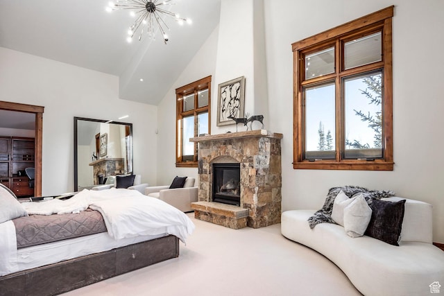 26 White Pine Canyon Rd, Park City, UT 84060 - carpeted bedroom featuring a notable chandelier, lofted ceiling, and a fireplace