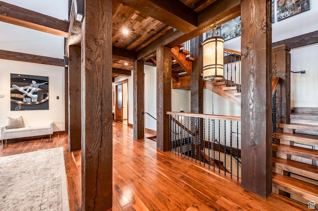 26 White Pine Canyon Rd, Park City, UT 84060 - hallway featuring beam ceiling, hardwood / wood-style floors, and wooden ceiling