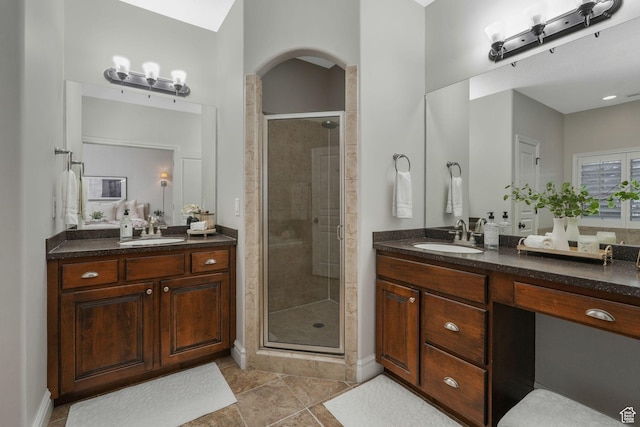 13234 S Lone Rock Dr E, Draper, UT 84020 - bathroom with a shower with door, vanity, and tile patterned flooring